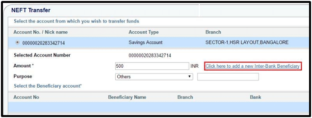 SBI NEFT Fund Transfer Screen