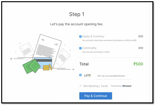 Zerodha account opening fee payment Screen