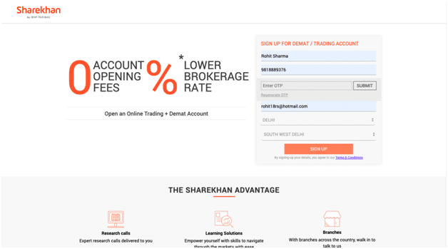 Sharekhan Demat/ Trading Account Sign Up Screen