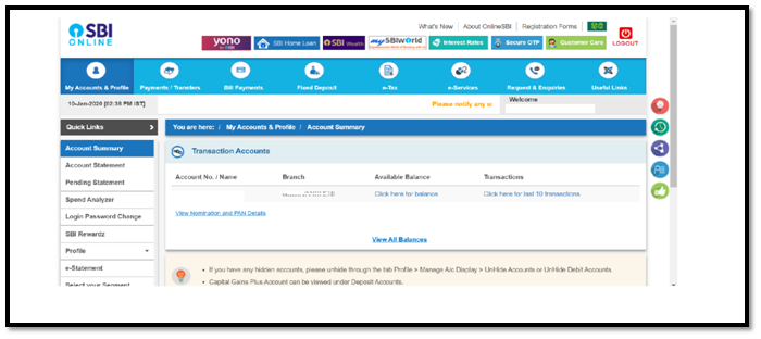 SBI Online My Account & Profile Interface