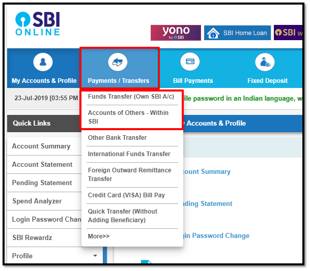 SBI Online Funds Transfer to Beneficiary Account