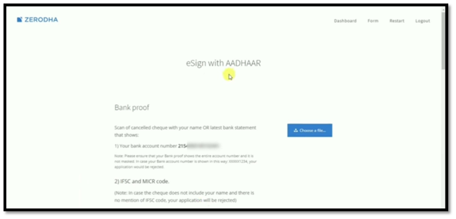 Upload Bank Proof, Income Proof for zerodha account opening